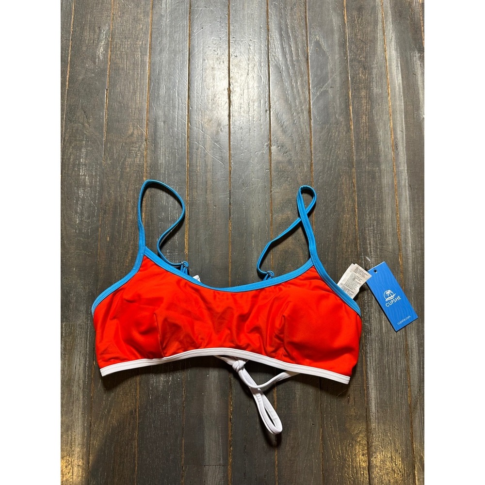 Cupshe Red Blue White Colorblock Scoop Neck Tie Back Bikini Top‎ NWT